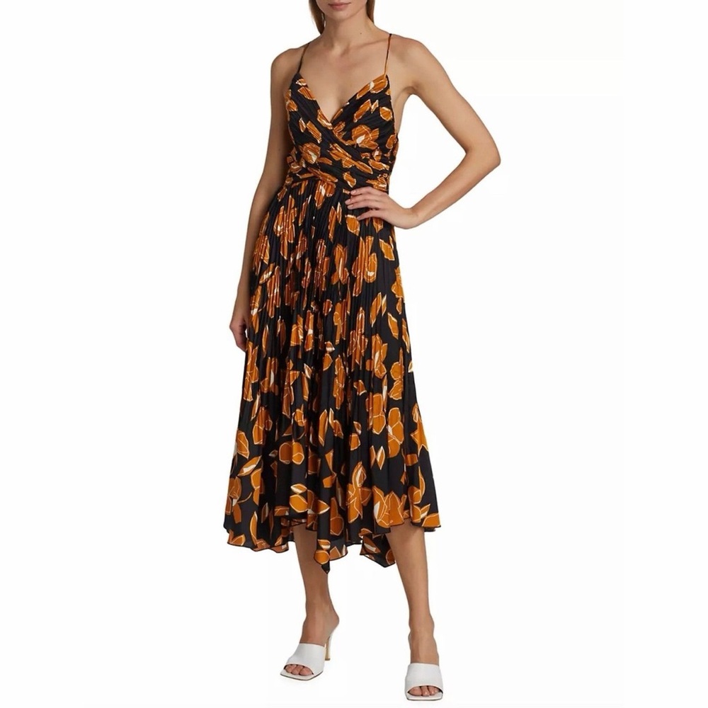 Jonathan Simkhai Portia Pleated Floral Midi-Dress Black Print